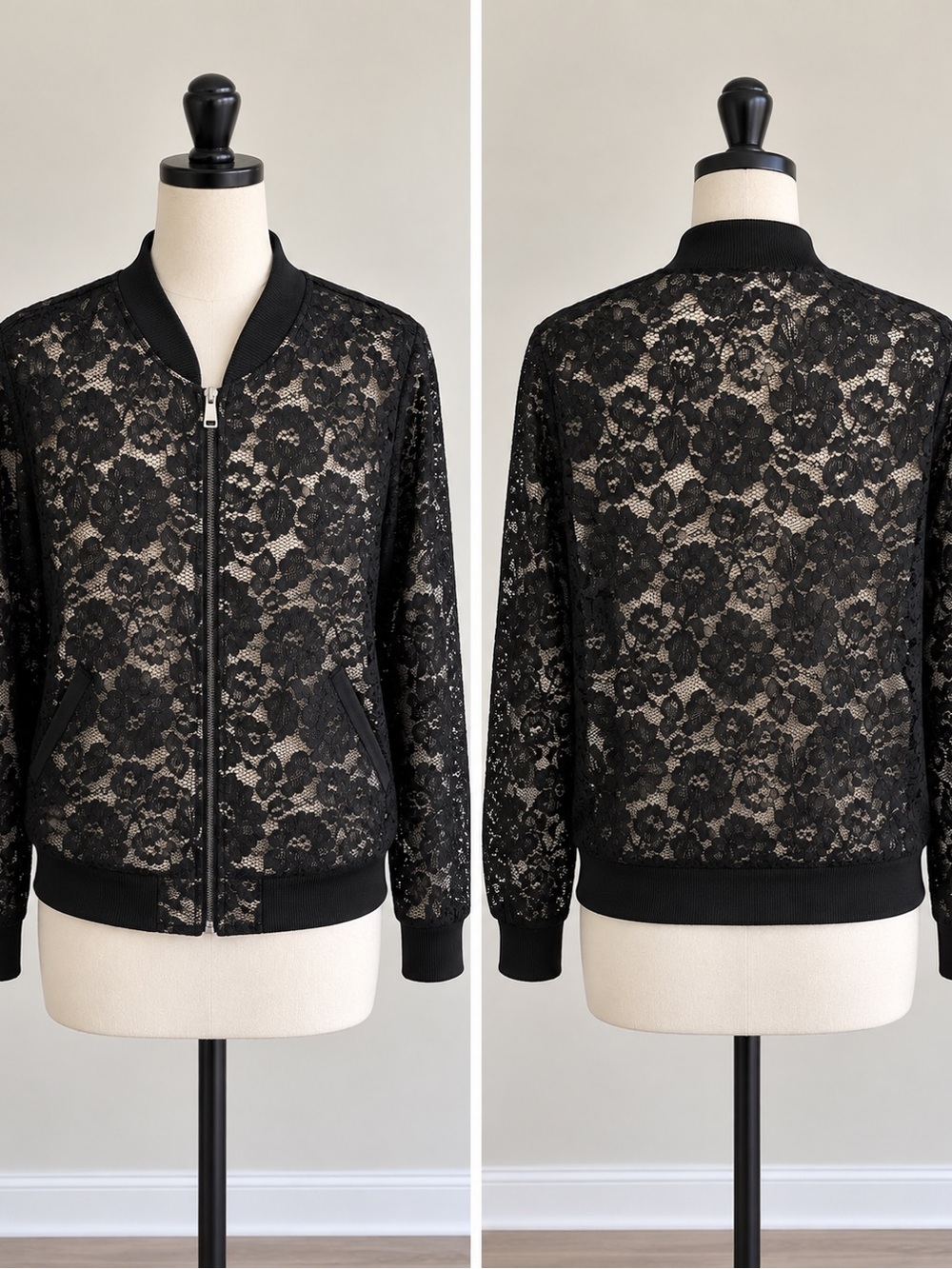 Express Black Floral Lace Sheer Bomber Jacket Size M